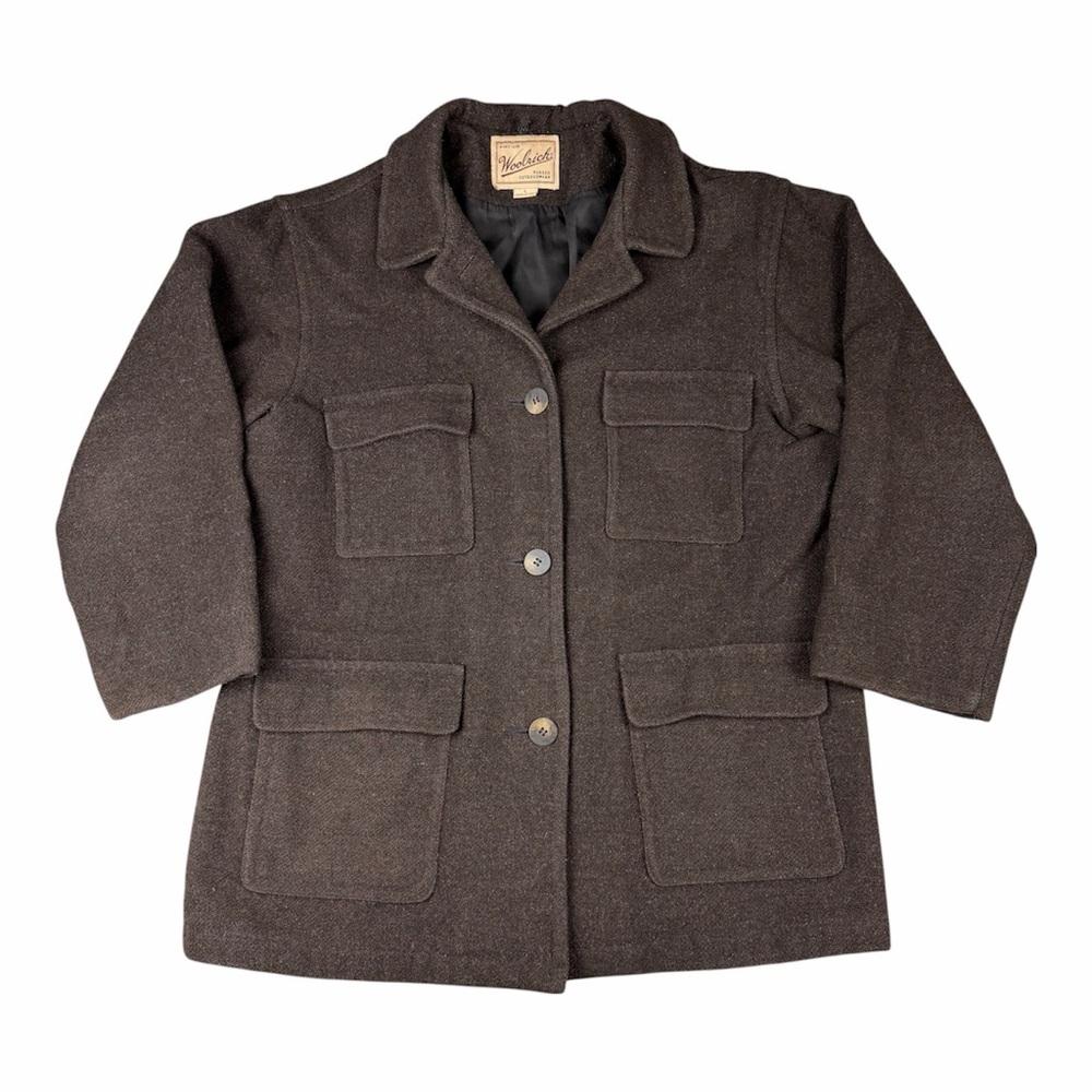 VTG 90s Woolrich Brown Wool Chore Coat Hunting Field Jacket Women's L Large USA